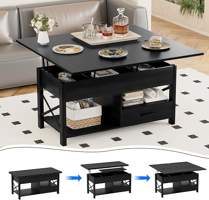 Lift Top Coffee Table with Storage, Black Lift Top Coffee Table with Drawers&Hidden Compartment, Multi-Functional Center Table, Convertible Coffee Tables into Dining Table for Home Living Room Office