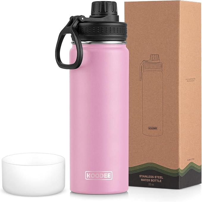 koodee Insulated Water Bottle, 22 oz Stainless Steel Double Wall Vacuum Wide Mouth Sport Bottle with Leakproof Spout Lid (Pink)