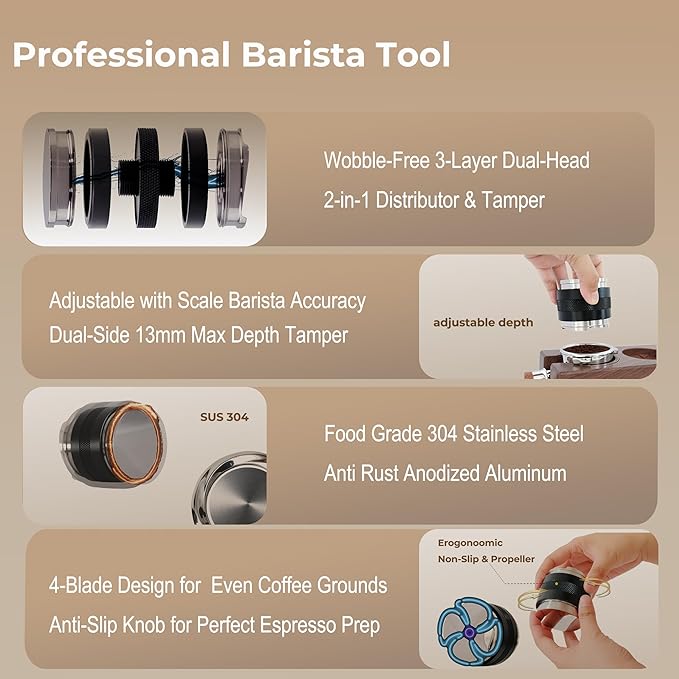 53mm Coffee Distributor & Tamper - Dual Head Adjustable Depth for Breville Barista Pro/Express/Touch - 304 Stainless Steel Compatible with 54mm Bottomless Portafilter, Black