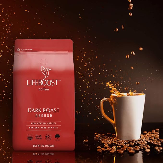 Lifeboost Dark Roast Ground Coffee - Non-GMO Low Acid Single Origin USDA Organic Dark Roast Coffee - Third Party Tested For Mycotoxins & Pesticides - 12 Ounces