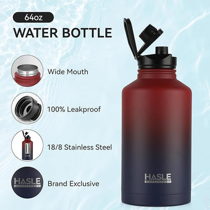 HASLE OUTFITTERS Half Gallon Insulated Water Bottles 64 oz, Stainless Steel Metal Water Jug with 2 Lids Keep Cold 48h/Hot 24h, Leak Proof & BPA-Free Water Flask Jug(Ruby Purple Gradient,1)