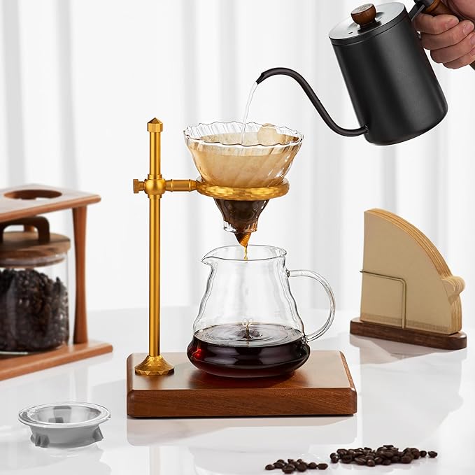 Pour Over Coffee Maker Set – Glass Coffee Dripper with Stainless Steel Stand, Wooden Base & 40 Filters – Travel Filter Coffee Maker