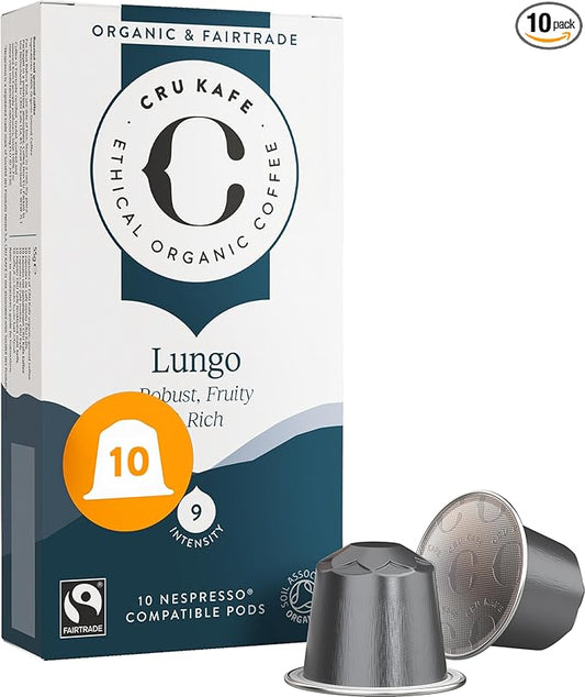 Cru Kafe Lungo Espresso Strong USDA Organic Espresso Coffee Capsules (10 Pods) Fairtrade Coffee Pods Compatible with Nespresso Original Line and Pixie Machines