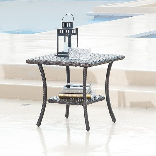 HUMMUH Outdoor End Table,Patio Wicker Small Side Table, PE Rattan Coffee Table with 2-Tier Storage Shelf for Bistro Set Conversation Sets Brown…
