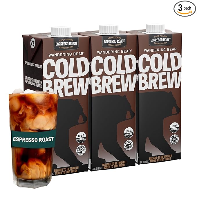 Wandering Bear Espresso Roast Organic Cold Brew Coffee, 32 fl oz, 3 pack - Extra Strong, Bold, Smooth, Unsweetened, Shelf-Stable, Ready to Drink, 100% Organic, Iced Cold Brewed Coffee Drinks