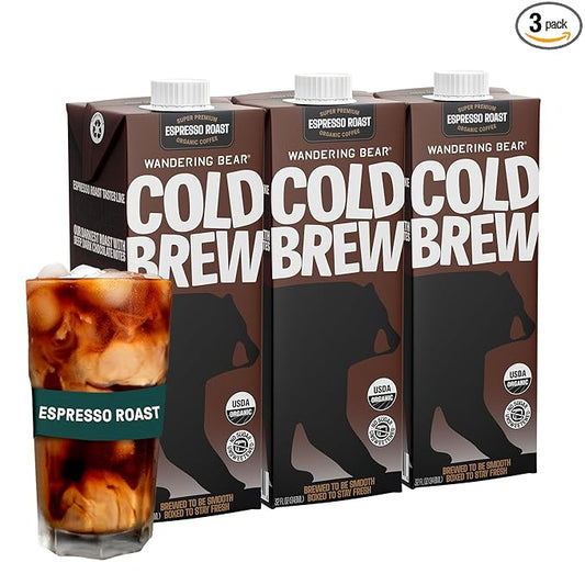 Wandering Bear Espresso Roast Organic Cold Brew Coffee, 32 fl oz, 3 pack - Extra Strong, Bold, Smooth, Unsweetened, Shelf-Stable, Ready to Drink, 100% Organic, Iced Cold Brewed Coffee Drinks