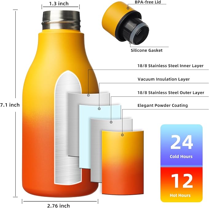 BJPKPK Insulated Water Bottles, 12oz Stainless Steel Metal Water Bottle with Strap, BPA Free Leak Proof Jugs, Mugs, Flasks, Reusable Thermal Flasks for Sports & Travel, Sunset Orange