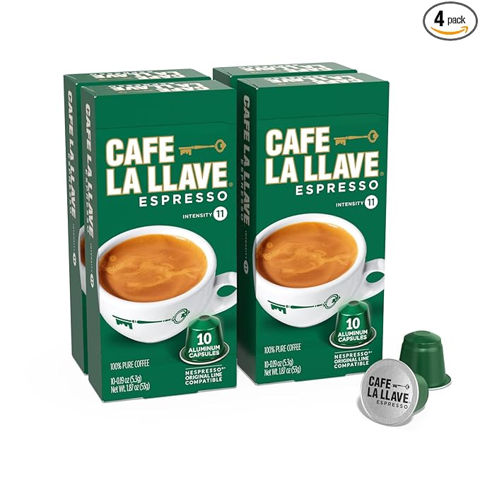 Cafe La Llave Espresso Pods: 40 Recyclable Aluminum Pods, Intensity 11 Dark Roast Latin-Style Coffee, Compatible with Nespresso Original Line Machines - Bold, Rich Flavor