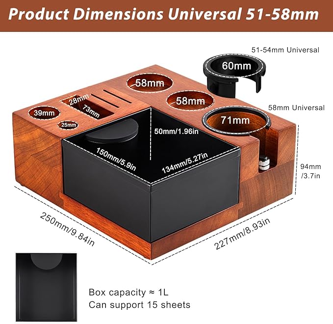 Espresso Tamping Station Knock Box - 9 in1 Espresso Knock Box And Tamp Station Coffee Organizer Fit for 51mm 53mm 54mm 58mm Espresso Tamper Distributor Portafilter Puck Screen Accessories Storage