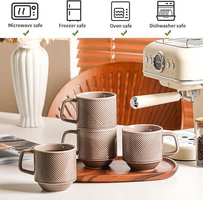 Stackable Coffee Mugs Set: 13 oz Ceramic Stacking Cups for Cappuccino Latte Tea - Microwave Safe Mug for Home & Office - 4 PCS, Grey