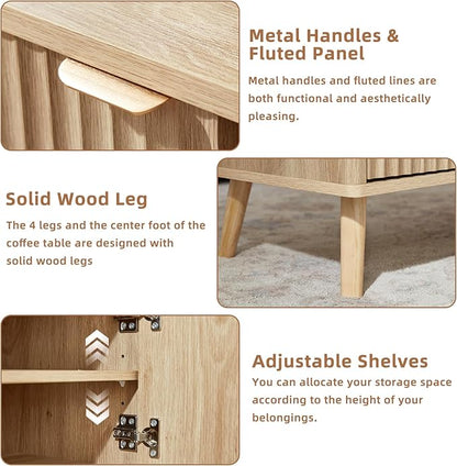 LEYAOYAO 48" Fluted Lift Top Coffee Table with Hidden Storage & Adjustable Shelves, Lifting Tabletop Large Rectangular Coffee Tables, Mid Century Modern Wood Center Table for Living Room, Natural