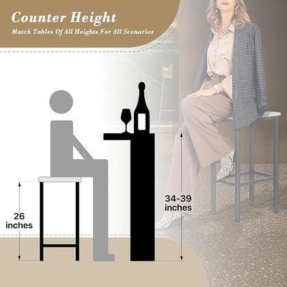 Athena Collection Bar Stools Set of 2, 26 Inches Counter Height Bar Stools Backless with Metal Legs and Footrest, Wood Barstools for Home, Kitchen Island, Counter, Grey