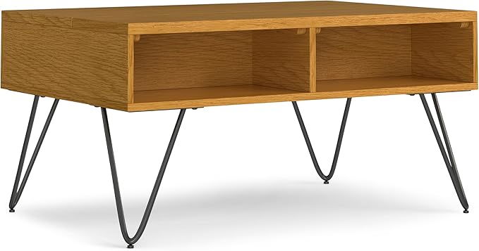 SIMPLIHOME Hunter Small Lift Top Coffee Table - 36 inch Wide Solid Oak Veneer and Metal Industrial Cocktail Table in Oak, Living Room Table with Hidden Storage, 2 Cubbies, and Hairpin Legs