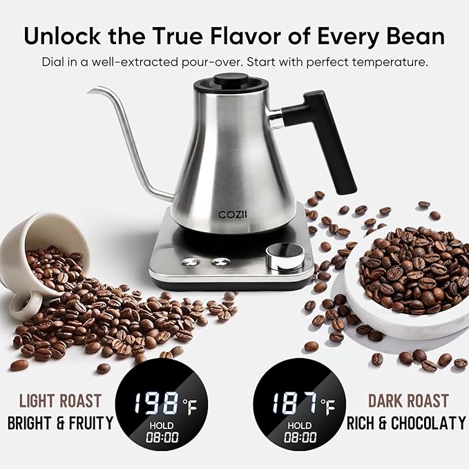 COZII Gooseneck Electric Kettle with ±1°F Temperature Control, 1200W Quick Heating for Pour Over Coffee & Tea, 0.9L Water Boiler with 24H Keep Warm & Auto Shut Off, Stainless Steel Interior, Silver