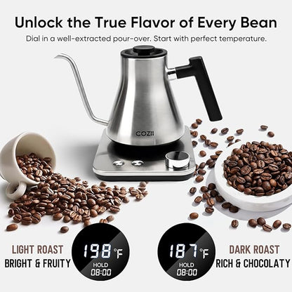 COZII Gooseneck Electric Kettle with ±1°F Temperature Control, 1200W Quick Heating for Pour Over Coffee & Tea, 0.9L Water Boiler with 24H Keep Warm & Auto Shut Off, Stainless Steel Interior, Silver