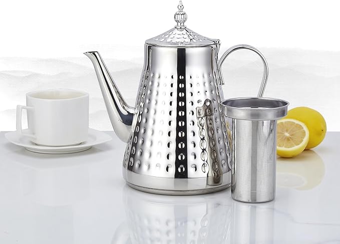 SANQIAHOME 1.8L(60oz) Stainless Steel Hammer Patterned Teapot With Removeable Infuser,Loose leaf cover,Silver