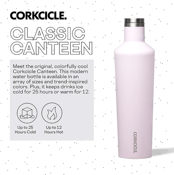 Corkcicle Insulated Canteen, Powder Puff, 25 oz – Cupholder Friendly Water Bottle with Screw-On Cap Keeps Drinks Cold for 25hrs, Hot 12hrs