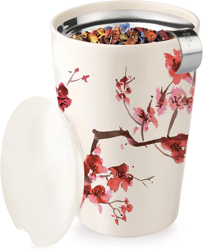 Tea Forté KATI Single Cup Loose Leaf Tea Brewing System, Insulated Ceramic Cup with Improved Tea Infuser and Lid, Cherry Blossoms
