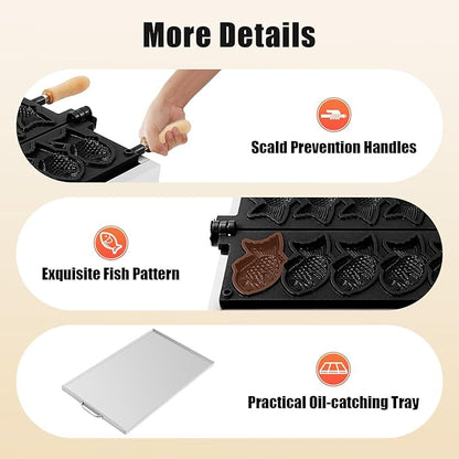 Taiyaki Fish Waffle Maker, 6PCS Electric Fish-Shaped Mold Baker 2400W Stick-Resistent Stainless Steel Commercial Waffle Iron Baker Machine for Restaurant Cafe Snack Shop Food Stall