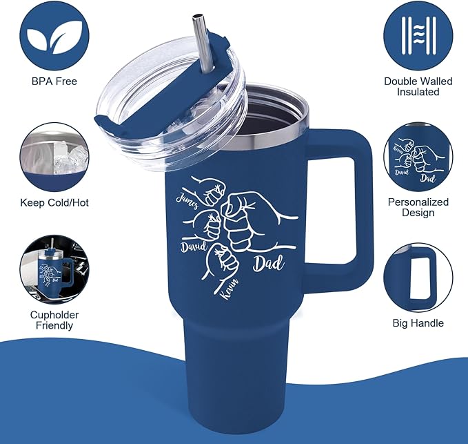 Custom Dad Tumbler with Kids Names, Personalized 40 Oz Tumbler with Handle and Straw, Personalized Birthday Gifts for Dad Husband