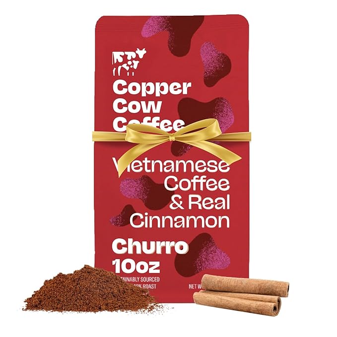 Copper Cow Premium Vietnamese Ground Coffee, 10 OZ | Churro Flavored Coffee | Dark Roast Made with Real Cinnamon | Vietnamese Coffee