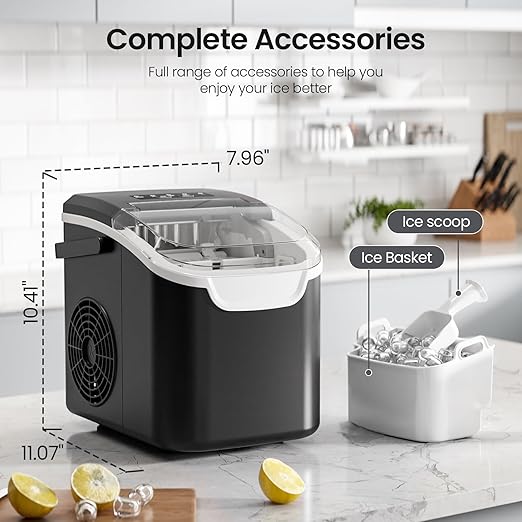 Kismile Ice Makers Countertop with Carry Handle,8 Cubes in 6 Mins,26Lbs/Day,2 Size of Bullet Ice,Portable Ice Maker Machine with Self-Cleaning for Home/Office(Black)