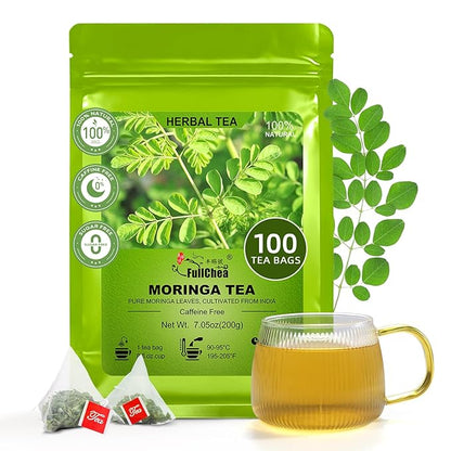 FullChea - Moringa Tea Bags, 100 Count - Pure & Natural Rosabella Moringa Leaves, Cultivated From India - Caffeine-free Herbal Tea for Supporting Digestion & Immune System - Non-GMO