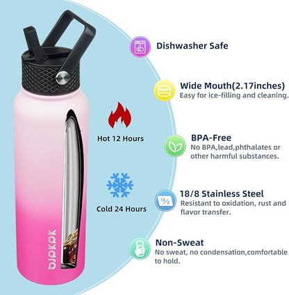 BJPKPK 2 Pack Insulated Water Bottles with Straw Lids, 40oz Stainless Steel Metal Water Bottle with 6 Lids, Leak Proof BPA Free Jugs, Cups, Flasks for Travel, Sports (Cherry+Black)