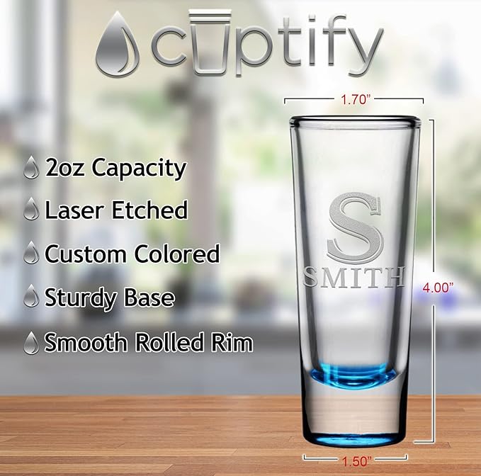 Personalized Shot Glasses Set of 8 Lite Blue Bottom Custom 2 oz Cordial Shot Glass Initial and Name for Gifts, Weddings, Birthdays, Party, Event, Decorations