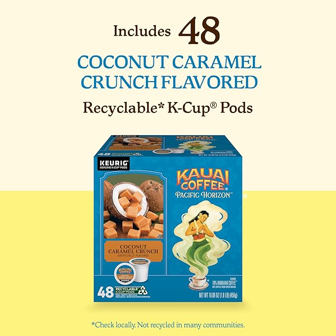 Kauai Coffee K-Cup Pods for Keurig Brewers – Arabica Coffee, 10% Hawaiian – Medium Roast, Nutty Caramel with Tropical Coconut – Coconut Caramel Crunch, 1 Pack of 48 Single Serve K-Cups