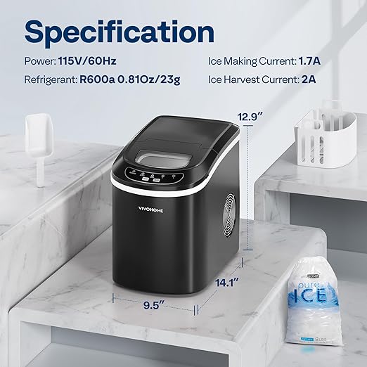 VIVOHOME Electric Portable Compact Countertop Automatic Ice Cube Maker Machine with Hand Scoop and Self Cleaning Function 26lbs/Day Black