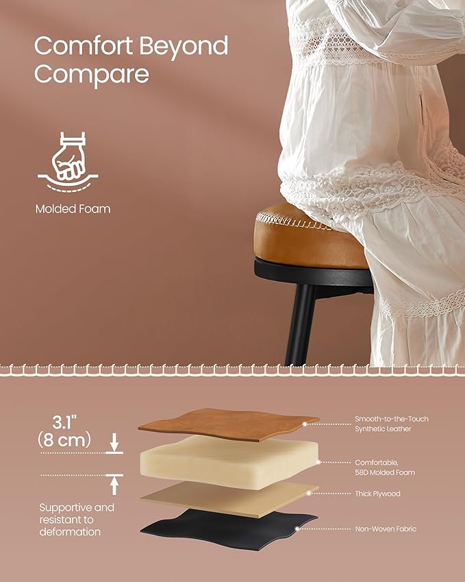 VASAGLE EKHO Collection - Swivel Bar Stools Set of 2, Bar Height Backless Bar Stools, Synthetic Leather with Stitching, Mid-Century Modern, 30-Inch Tall Kitchen Barstools for Home Bar, Caramel Brown