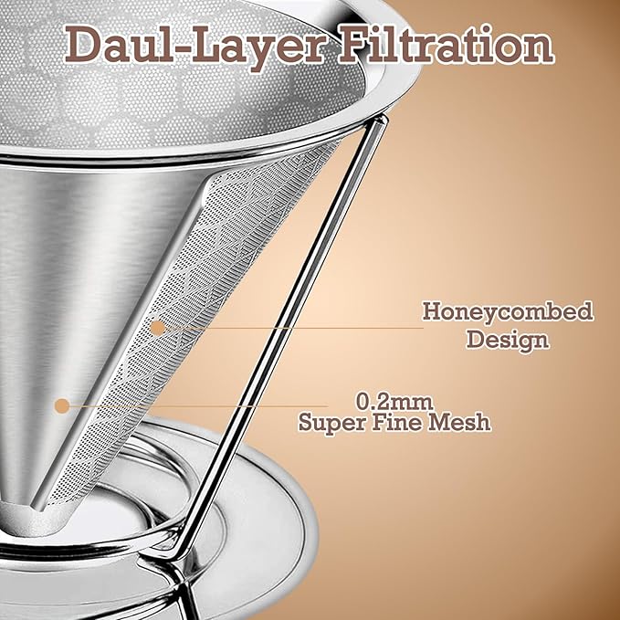 Pour Over Coffee Dripper, Paperless Pour Over Coffee Filter, Reusable Pour Over Coffee Maker Set, Dual-Layer Stainless Steel Cone Filter, Detachable Dripper Stand, Single Cup Brewer 1-2 Cup