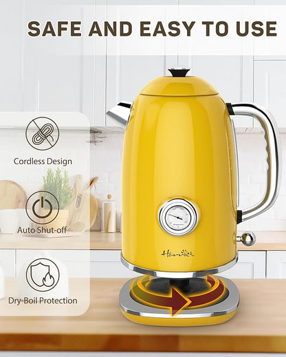 Harriet Electric Kettle, 1.8L Retro Electric Tea Kettle with Thermometer, 1500W Stainless Steel Hot Water Kettle Electric with LED Indicator, Fast Boiling, Cordless, Auto Shut-Off, Yellow