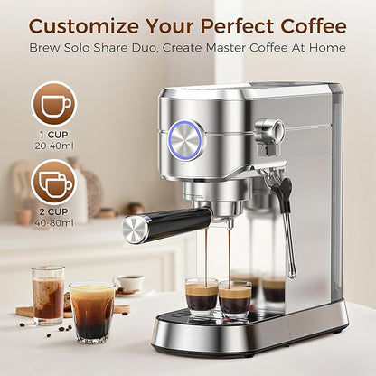 Kndko Espresso Machine, 20 Bar Espresso Maker with Milk Frother Steam Wand, Compact Stainless Steel Professional Coffee Machine with 40.5oz Removable Water Tank for Cappuccino, Latte