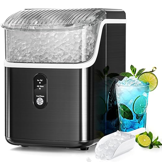 Nugget Countertop Ice Maker with Soft Chewable Pellet Ice, Automatic Cleaning, 34Lbs/24H, Pebble Ice Machine with Ice Scoop, Sonice Ice, One Click Operation for Office/Home/Bar (Stainless Steel Black)