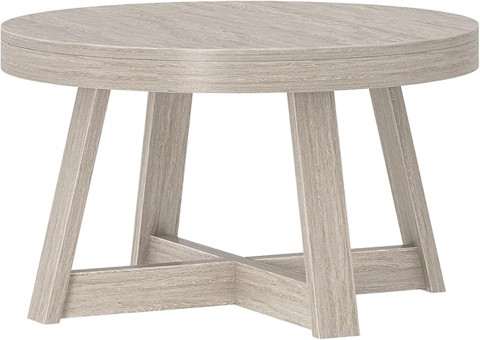 Plank+Beam Classic Round Coffee Table, 30 Inch Farmhouse Coffee Table, Rustic Mini Center Tables for Small Spaces, Small Living Space Tea Table, Seashell Wirebrush