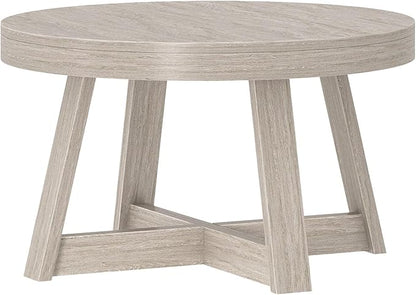 Plank+Beam Classic Round Coffee Table, 30 Inch Farmhouse Coffee Table, Rustic Mini Center Tables for Small Spaces, Small Living Space Tea Table, Seashell Wirebrush