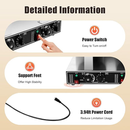 Commercial Dual-Head Rotating Non-Stick Round Belgian Waffle Maker - 2400W Stainless Steel Waffle Iron Machine for Restaurant or Bakery - Temperature and Time Control, 110V