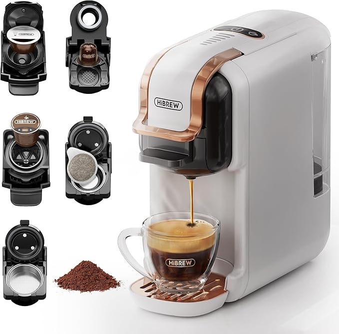 HiBREW H2B 5-in-1 Pod Coffee Maker - Compatible With 4 Coffee Capsule as Well as Espresso Powder, Makes Iced Coffee, Espresso, Cappuccino, Long Black. Hotel Kitchen Coffee Machine