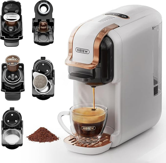 HiBREW H2B 5-in-1 Pod Coffee Maker - Compatible With 4 Coffee Capsule as Well as Espresso Powder, Makes Iced Coffee, Espresso, Cappuccino, Long Black. Hotel Kitchen Coffee Machine