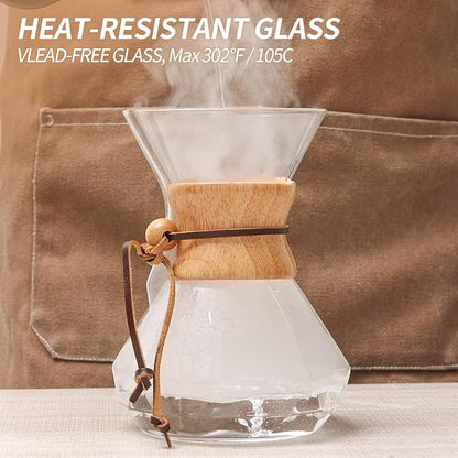 Pour Over Coffee Maker 27 OZ, 8 Cup Borosilicate Glass Drip Coffee Maker with Reusable Stainless Steel Filter and Cork Grip for Home Café 800 ML (Diamond Shape)