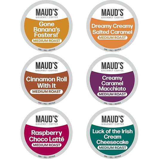 Maud's Sampler Variety Pack Coffee Pods, 24 ct, 6 Assorted Flavors, Medium Roast Flavored Coffee in Recyclable Single Serve Pods – 100% Arabica Beans, Compatible with Keurig K Cups Maker