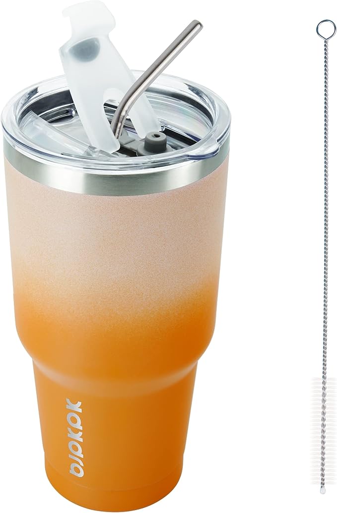 BJPKPK 30oz Stainless Steel Vacuum Insulated Tumbler Set Double Wall Travel Mug Coffee Cup with Metal Straws, Splashproof Lids,Coral