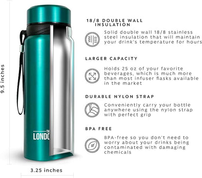 London Sip 25 oz Multi-Function Travel Mug and Tumbler Tea Infuser Water Bottle Fruit Infuser Flask Hot and Cold Double Wall Stainless Steel Coffee Thermos, Celestial Blue, Pack of 2