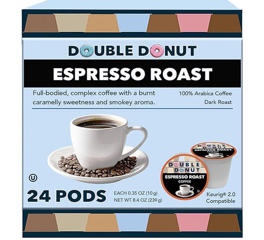 Double Donut Coffee Espresso Roast Blend in Recyclable Single Serve Espresso Pods for the Keurig K Cup Machine, 24 Count