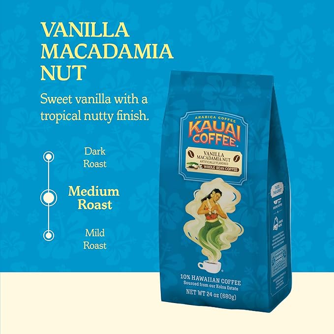 Kauai Coffee Whole Bean Coffee – Smooth, Non-Bitter Medium Roast Pure Arabica – Sweet Aroma, Hint of Nuttiness – Grown on Hawaii's Largest Coffee Farm – Vanilla Macadamia Nut, 1 Pack of 24oz