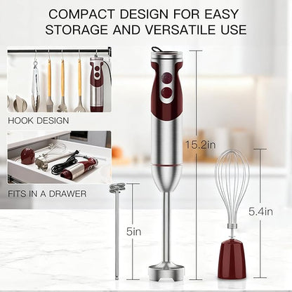 3- in-1 Immersion Hand blender, Powerful MOTOR & Stainless Steel Stick Blender, 4 Sharp Blades with Whisk, Milk Frother Attachments
