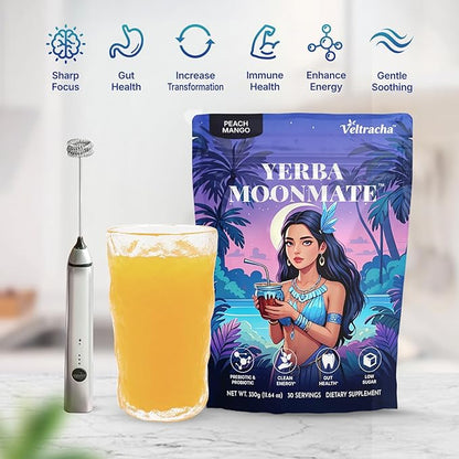 Yerba Mate Instant Tea Powder, 4-in-1 Functional Yerba Extract with Prebiotics & Probiotics, Low Sugar Clean Energy Drink for Focus, Gut Health & Reduce Brain Fog, Peach Mango - 30 Servings