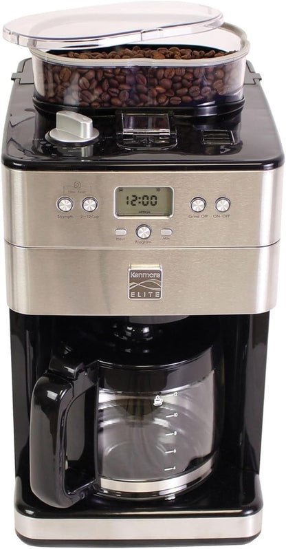 Koolatron Kenmore Elite Grind and Brew Coffee Maker - Built-In Grinder, Automatic Drip Coffee Machine, 12 Cup Programmable Brewer, Bean Grinder and Ground Coffee Brewer, Cafetera con Molino Integrade